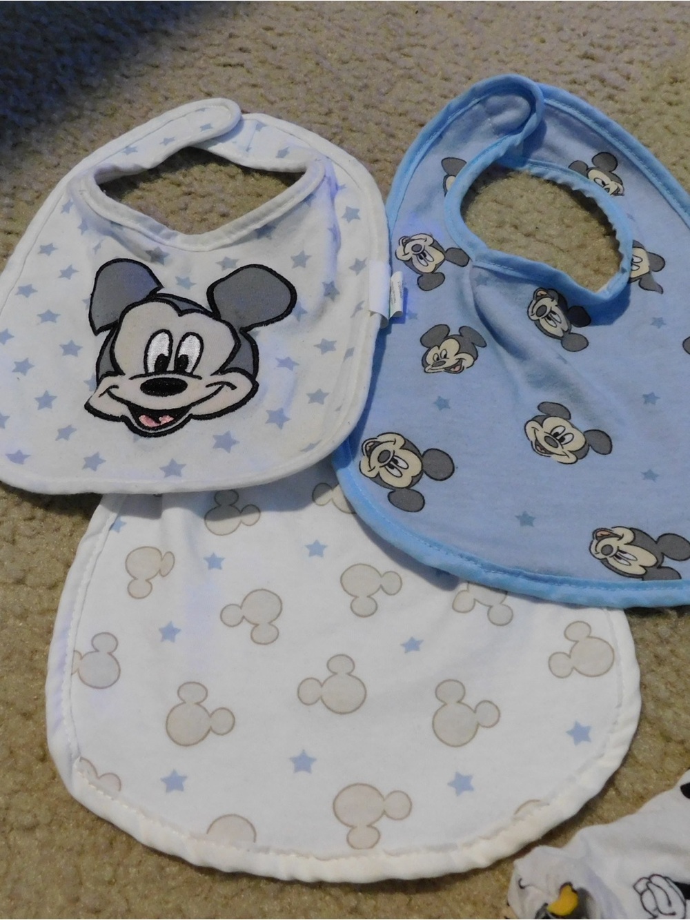 Disney Baby Blue, White & Gray Mickey Bib Set - 3 Pack + free disney shorts 12M